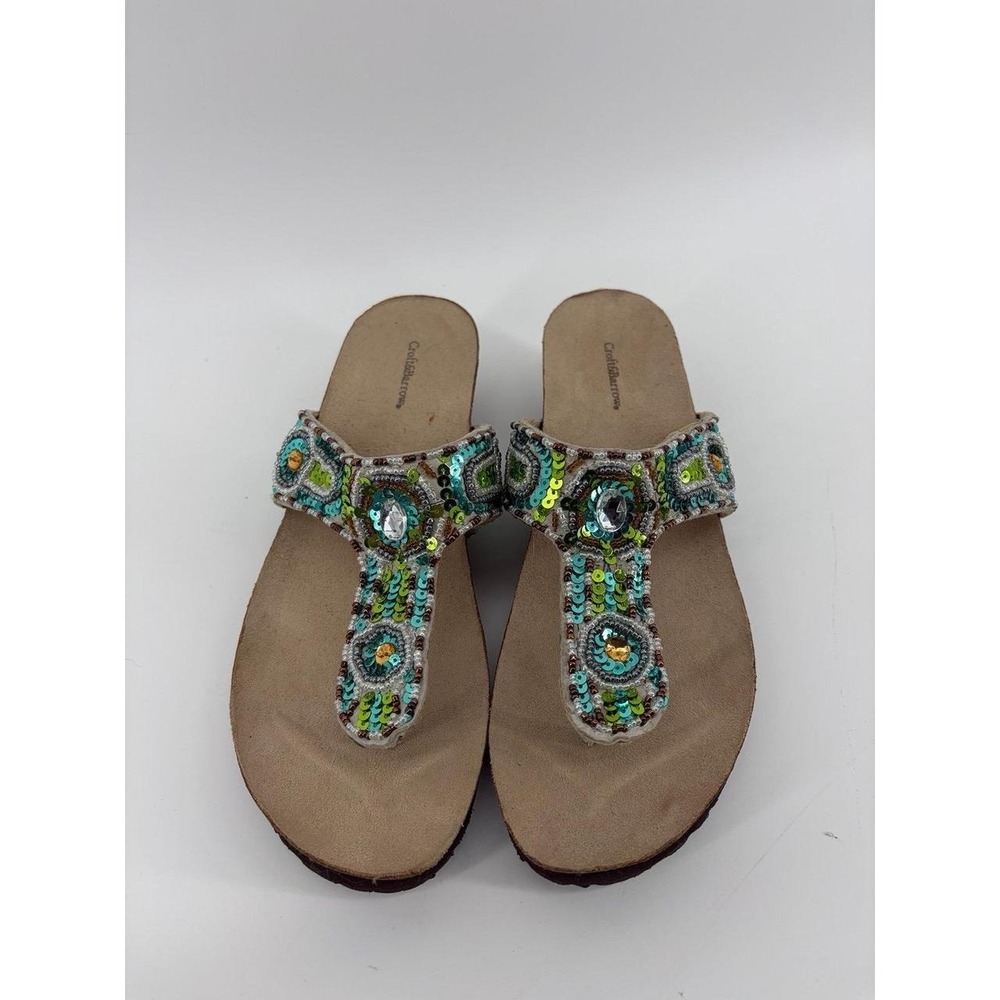 Croft & Barrow, Beaded Wedge Leather Thong Sandals Boho Festival, Women Size 7